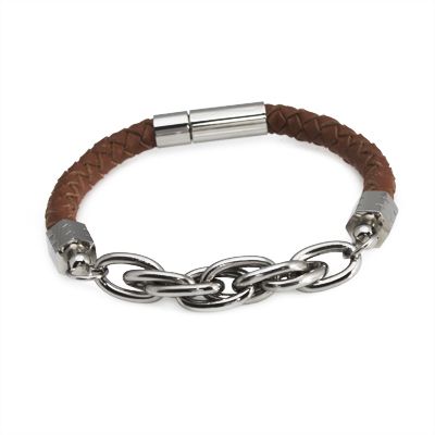 Mens Black or Brown Braided Leather Bracelet w/ Stainless Steel 