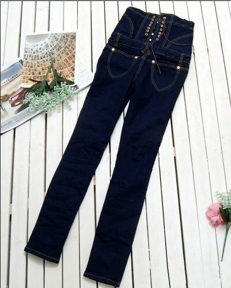 Ladies Trendy Double Breasted High Waist Skinny Jeans Pants Trousers 