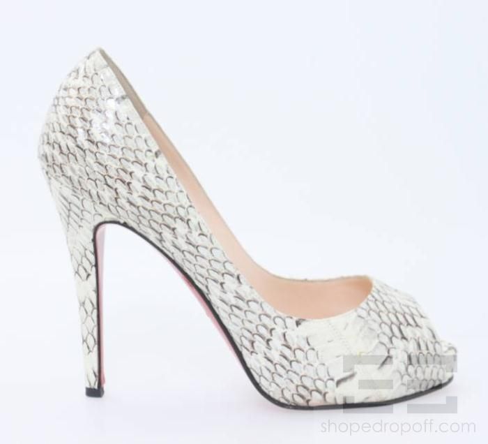 Christian Louboutin Beige & Grey Whipsnake Very Prive Peep Toe Heels 