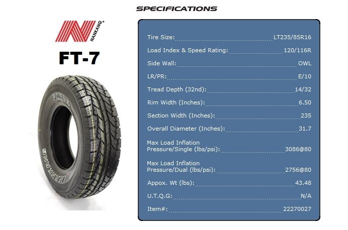 NEW TIRES NANKANG FT7 235/85/16 2358516 All season  