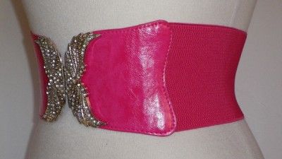 NEW CRYSTAL BUCKLE ANGEL WINGS WIDE PATENT BELT PINK  