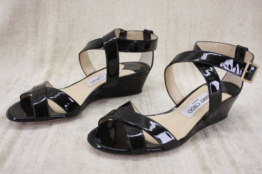 NIB Jimmy Choo Connor Wedge black Patent Criss Cross Strappy Sandals 