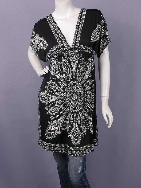 Stylish Black Printed Dolman Sleeve Surplice Tunic M  