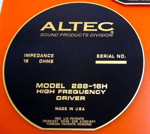 Altec 288 16H or 288 16G Horn rear LABEL NEW and NICE  