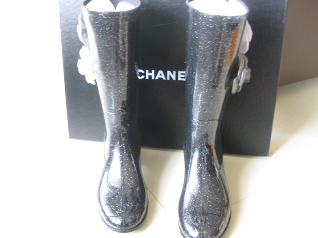 Auth CHANEL 09P Blk Camellia Rain Boots Shoes 40 US9  