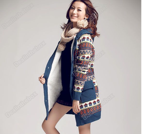 Women Korea Top Small Houses Pattern Hood Sweater Coat 3 Colors  