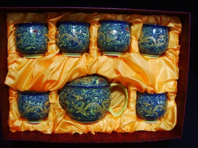 TEA SET Blue Dragon Chinese Porcelain 6cup w/Infuser  