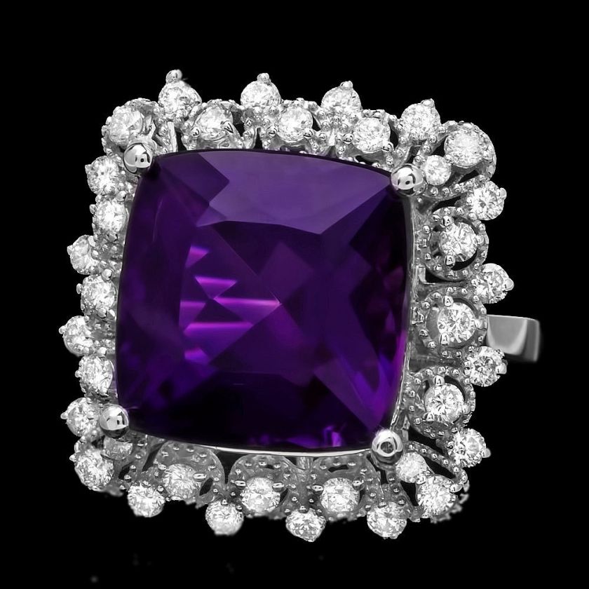 6300 CERTIFIED 14K WHITE GOLD 9.70CT AMETHYST 0.80CT DIAMOND RING 