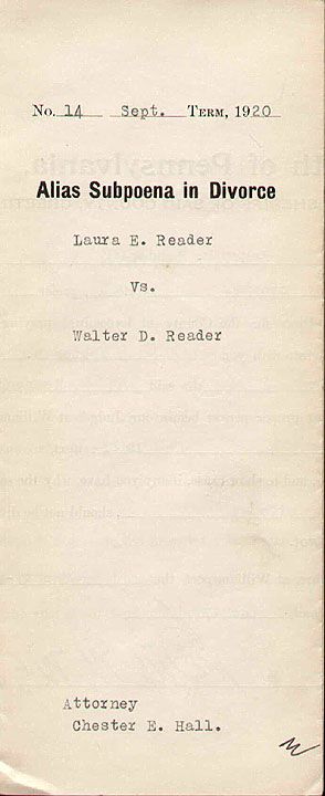 LAURA E READER vs WALTER D READER SUBPOENA IN DIVORCE August, 1920 