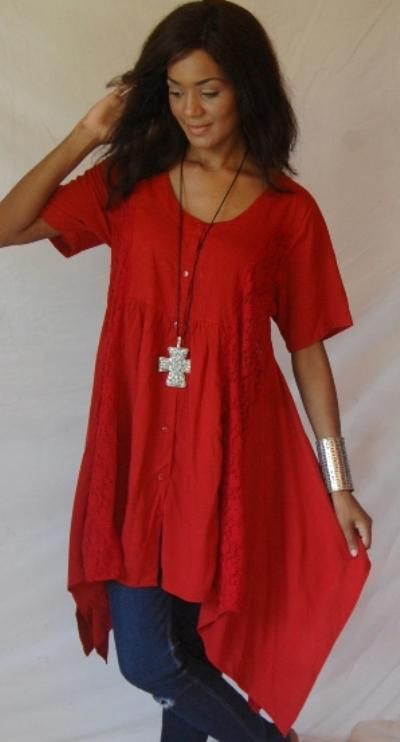 Y237S RED/TUNIC TOP DRESS MINI M L 1X 2X LACE EMPIRE ASYM LAGENLOOK 