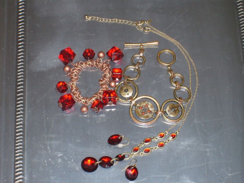 Copper Ruby Crystal Lot of VINTAGE Jewelry a set Signed N R T Necklace 