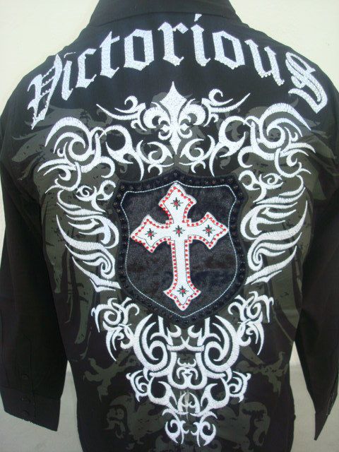 VICTORIOUS SHIRT MEN BLACK CASUAL STONES CROSS EMBROIDER VINTAGE CLUB 