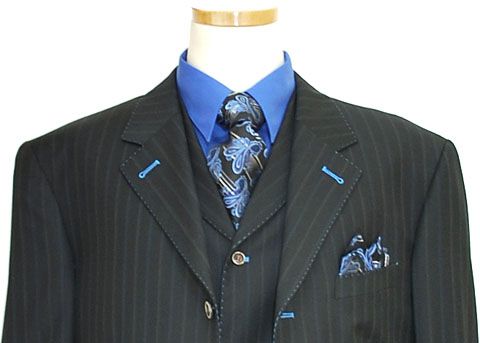 TAYION~BLACK/BLUE SUPER 140S WOOL VESTED SUIT~SZ 46R  