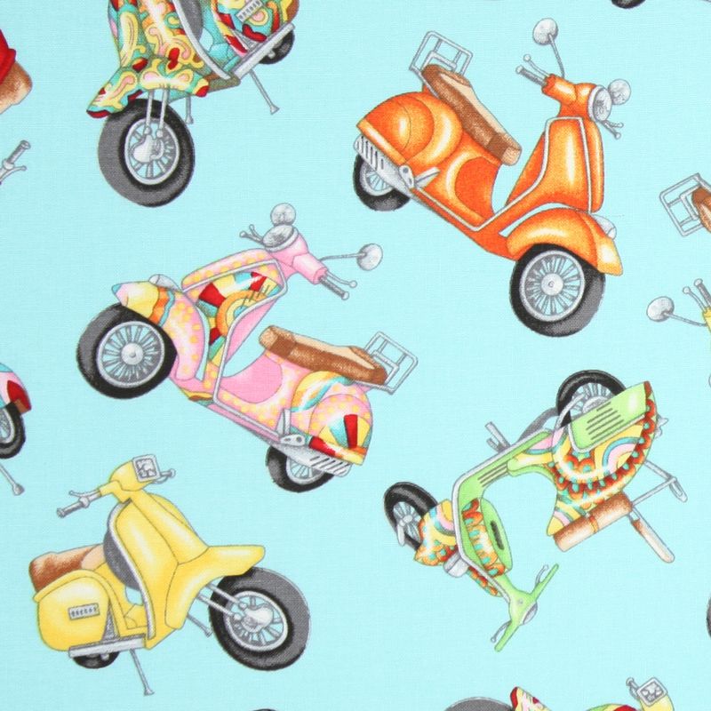 Timeless Treasures Vespas Scooters Aqua Cotton Fabric  