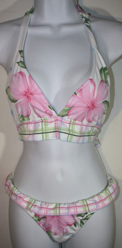 VENUS Pink Plaid Floral Ruffle 2 Pc Bikini Swimsuit 8 M  