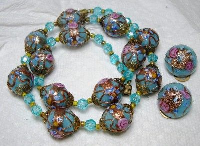 Vintage Murano Venetian Wedding Cake Art Glass Bead Necklace 