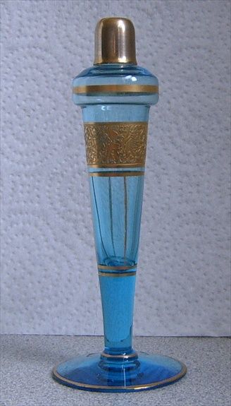   PRUSSIAN BLUE GLASS ATOMIZER MOSER  WOMEN WARRIORS ETCHED GOLD