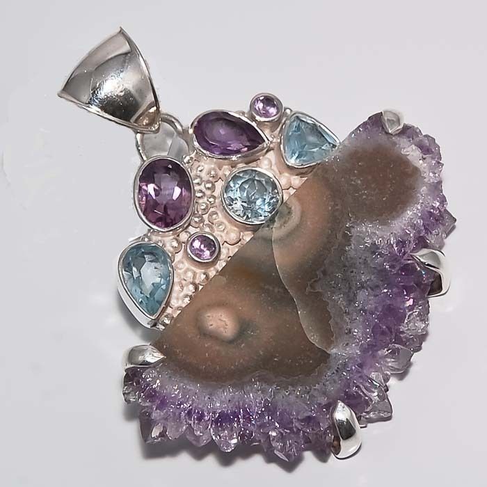 RARE PURPLE AMETHYST SLICE DRUZY 925 SILVER PENDANT  