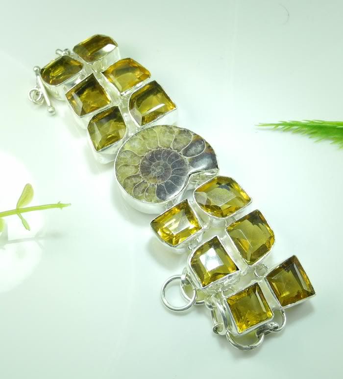 AMMONITE FOSSIL+CITRINE SILVER BRACELET 7 8 1/2; R5373  