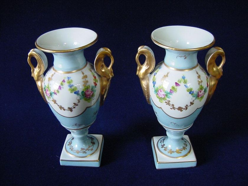   LIMOGES Hand Painted Turquoise Amphora Vases Artist Signed.  