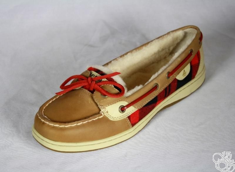 SPERRY Top Sider Angelfish Linen / Red Plaid Shearling Womens Boat 