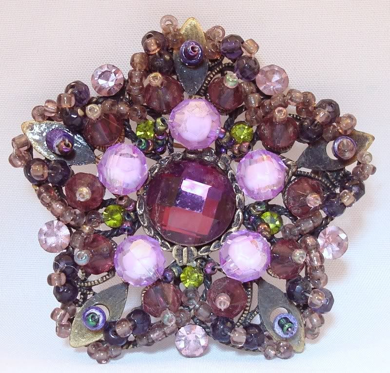 Vintage Unsigned Miriam Haskell?? Flower shaped Purple Glass beads 