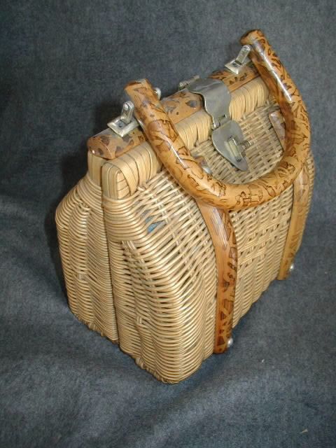 VTG 50S 60S RATTAN WICKER STRAW PURSE WOOD HANDLE SIMON MR ERNEST 