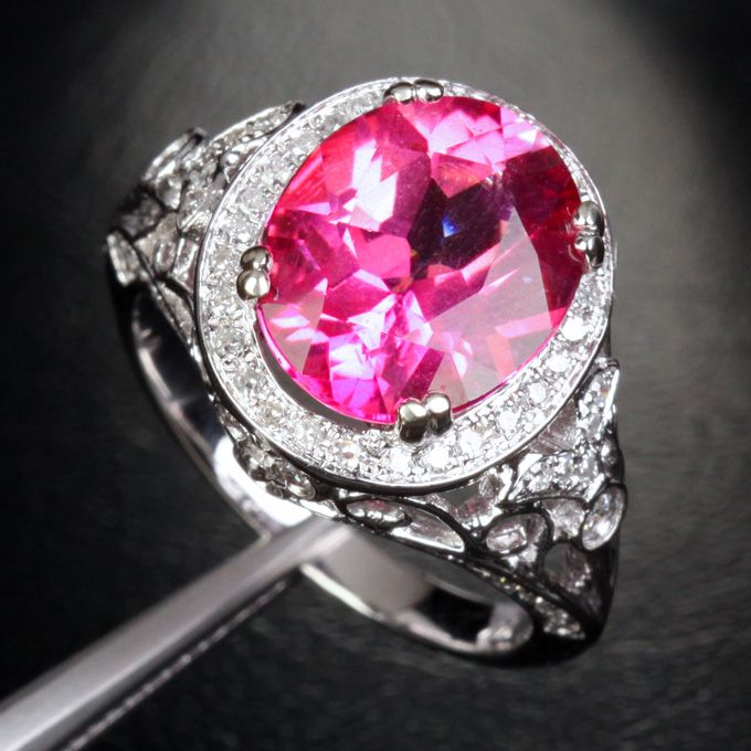 Unique 10x12mm PINK TOPAZ 14K WHITE GOLD .42ctw DIAMOND Engagement 