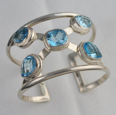 Unique Artisan Sterling Silver Blue Topaz Cuff Bracelet  