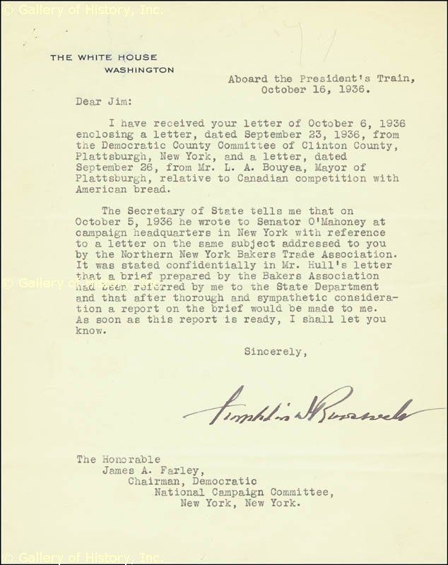 FRANKLIN D. ROOSEVELT   TYPED LETTER SIGNED 10/16/1936  