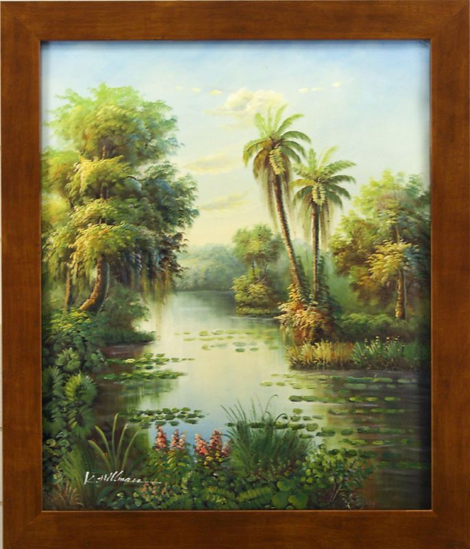 Palm Trees River Marsh Swamp Landscape FRAMED OIL PAINTING  