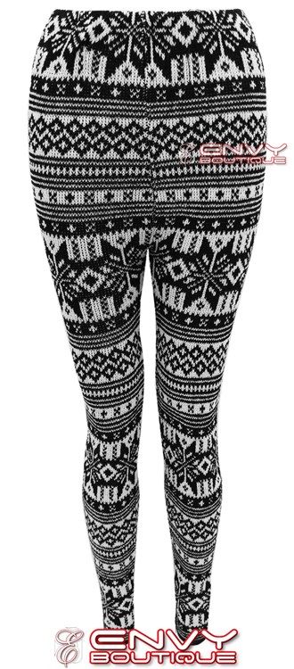   WOMENS LADIES FULL LENGTH SNOW FLAKE AZTEC KNITTED LEGGINGS TROUSERS