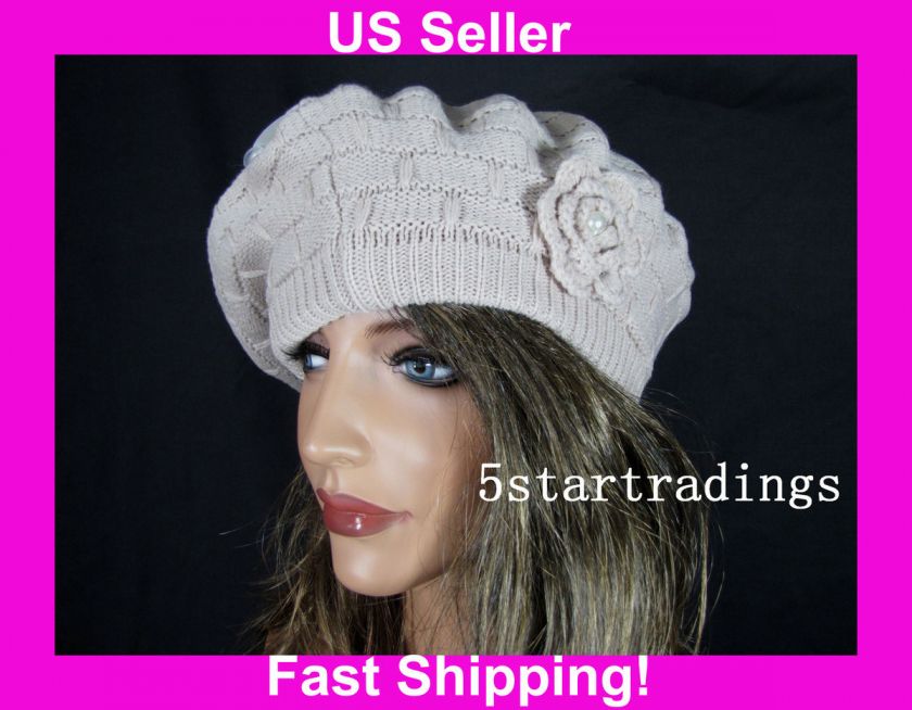 Beret Beanie Hat Cap w/ Crochet Bow Baret U Pick Color Women Junior X 