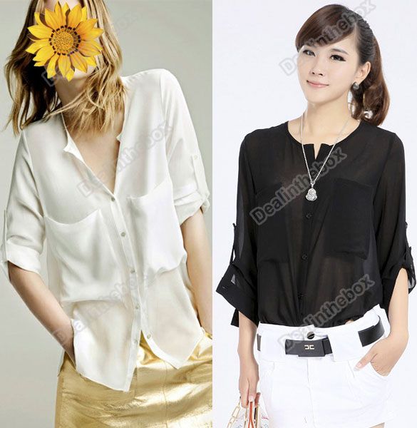 New Fashion Simple Basic Sheer Chiffon T Shirt Blouse With Pockets 