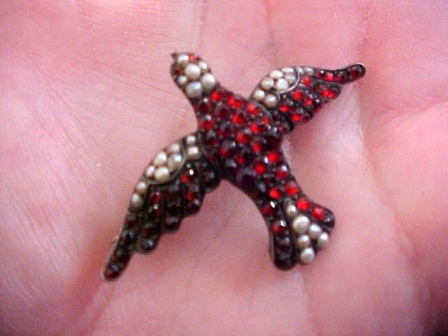 Antique Sterling Bohemian Garnet & Pearl Swallow or Bird Pin NR  