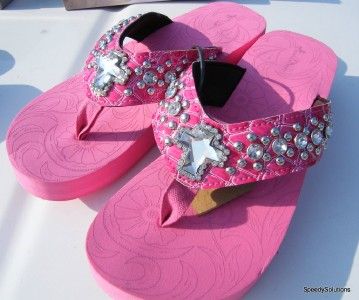 Pink Cross Western Rhinestone Jewel Flip Flop Sandals 7 Comfortable 