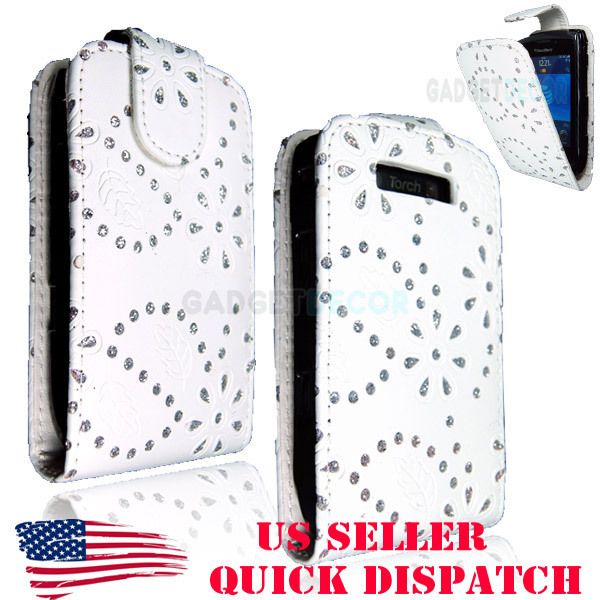 FOR BLACKBERRY TORCH 9800 BLING DIAMOND WHITE LEATHER FLIP CASE COVER 