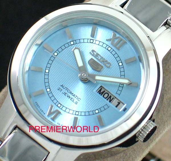 SEIKO LADIES AUTOMATIC SKY BLUE ROMAN STEEL WATCH SYME55  