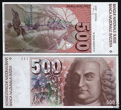 SWITZERLAND 500 FRANCS P58 1992  ANATOMICAL MUSCLE UNC RARE BANKNOTE 