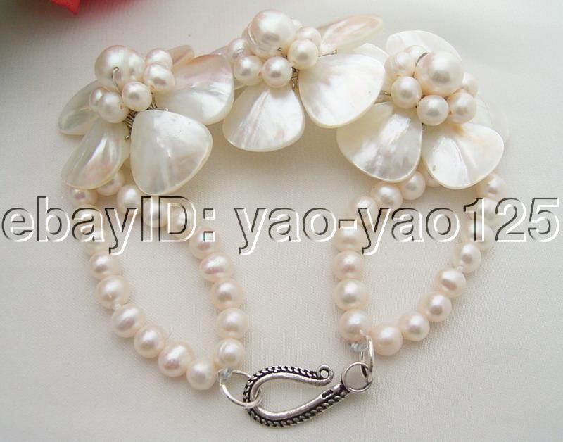 White Pearl&Shell Flower Bracelet 925 Sliver Clasp  