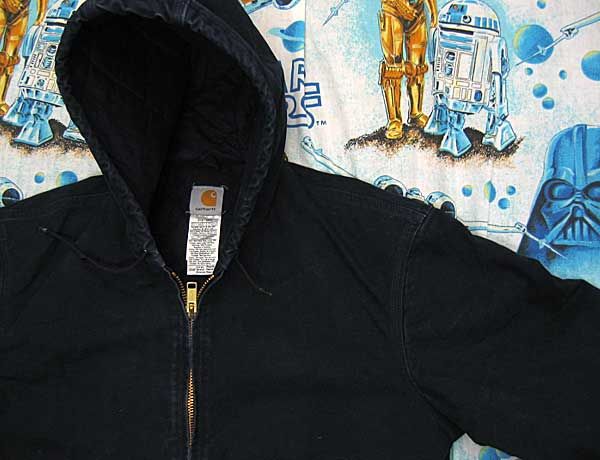 Carhartt NAVY CANVAS HOODED Quilted Lining JACKET L work chore blue 