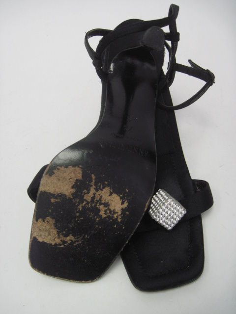 ANNE KLEIN Black Satin Rhinestone Ankle Strap Pumps 7.5  