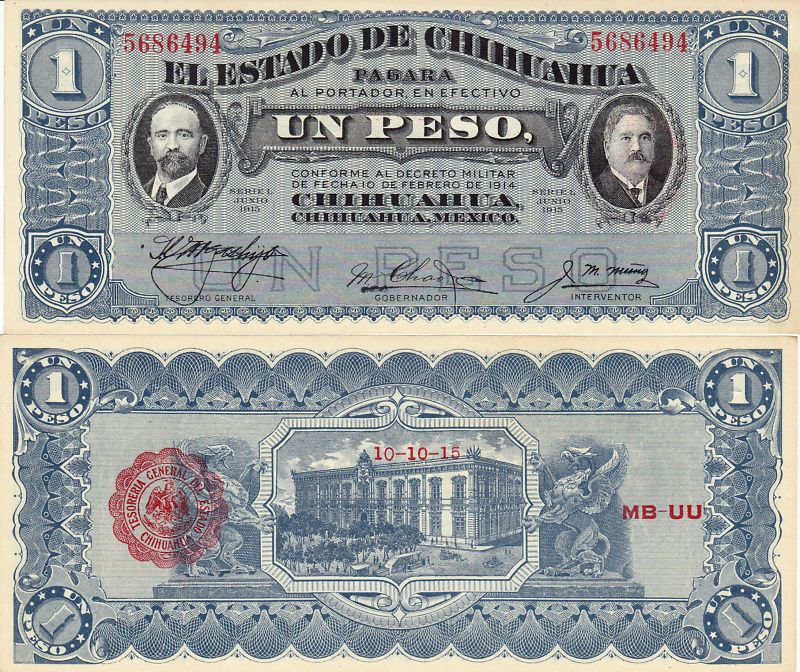 Mexico $ 1 Peso E. Chihuahua Feb 10, 1914 UNC 5686494.  