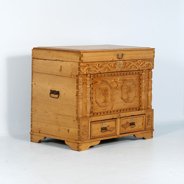 Antique Pine Russian Wedding Chest Trunk Circa 1890  