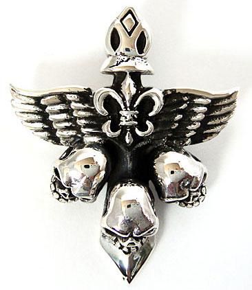 TRIPLE SKULL WING DAGGER SWORD STERLING SILVER PENDANT  