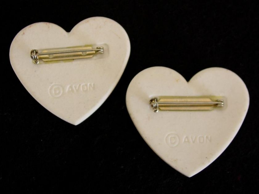 Vtg Avon Heart Shaped Porcelain Flower Pin Brooch Pair  
