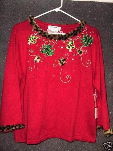 JACK B QUICK HOLIDAY TREES/FAUX FUR SWEATER NWT L/XL  