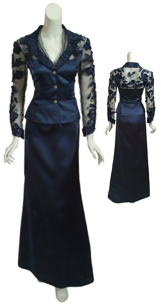 LIANCARLO Luxurious Navy Beaded Lace Evening Gown Jacket Skirt Suit $ 