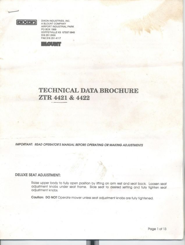 Dixon Technical Data Brochure ZTR 4421 & 4422 Zero Turn  