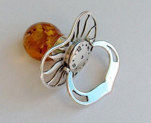 Babys dummy, silver 925 with amber Baptism .  